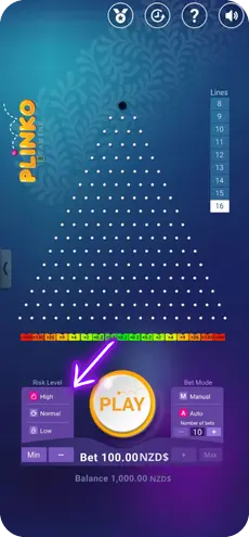 Plinko casino settings showing risk level for Plinko real money game in Plinko New Zealand NZ